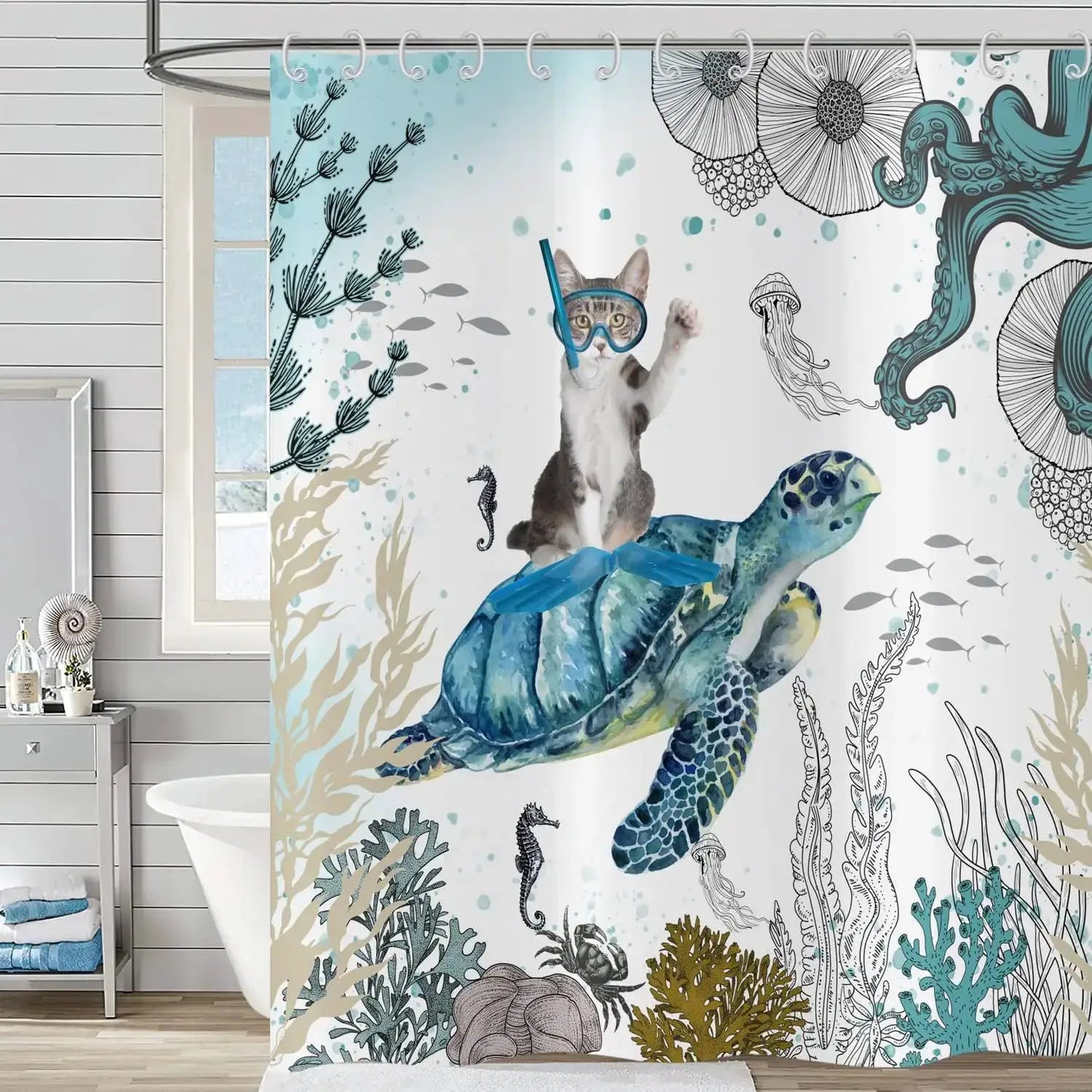 Cute Cat Blue Children Shower Curtain Waterproof Washable Polyester Material Bathroom Decorative Curtain with Hook from PriceLows™