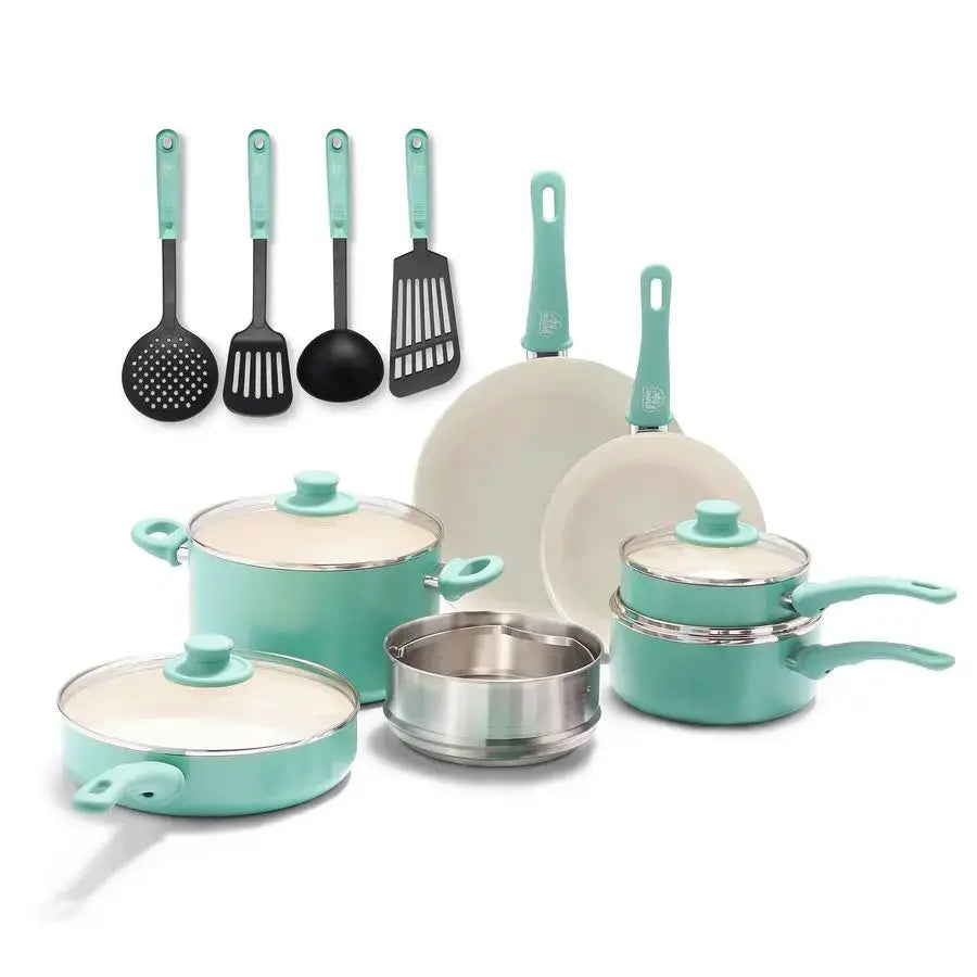 Soft Grip Healthy Ceramic Nonstick, 15 Piece Cookware Pots and Pans Set, Induction, PFASFree, Dishwasher Safe, Turquoise from PriceLows™