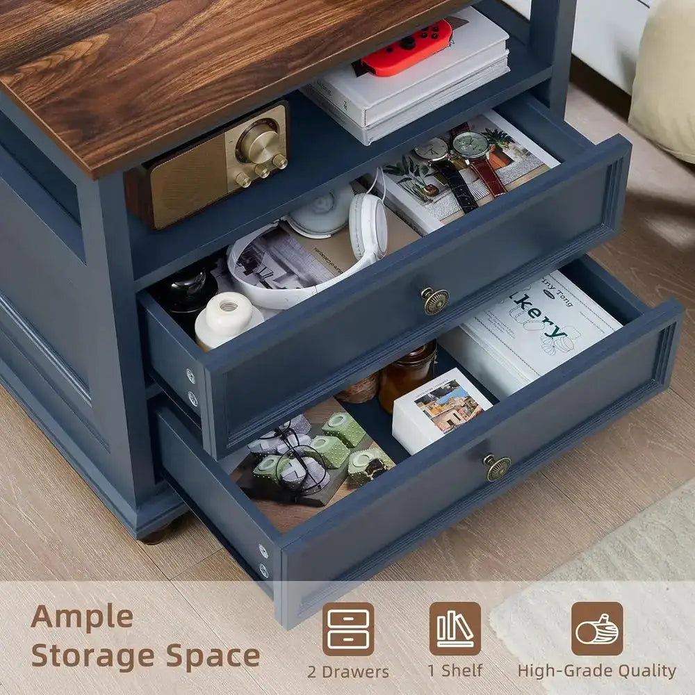 24 Wide Armhouse Nightstand, Large End Table with 2 Drawers and Metal Handle, Wood Drawer or Bedroom, Blue Bedside Table Chest o from PriceLows™
