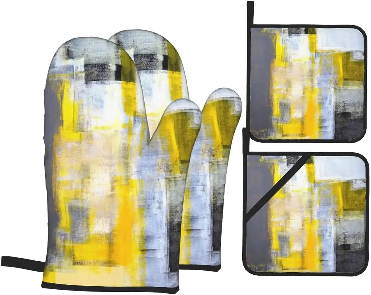 Oven Mitts Set | Abstract Art Blue Grey | Polyester Heat Resistant | 4-Piece Set