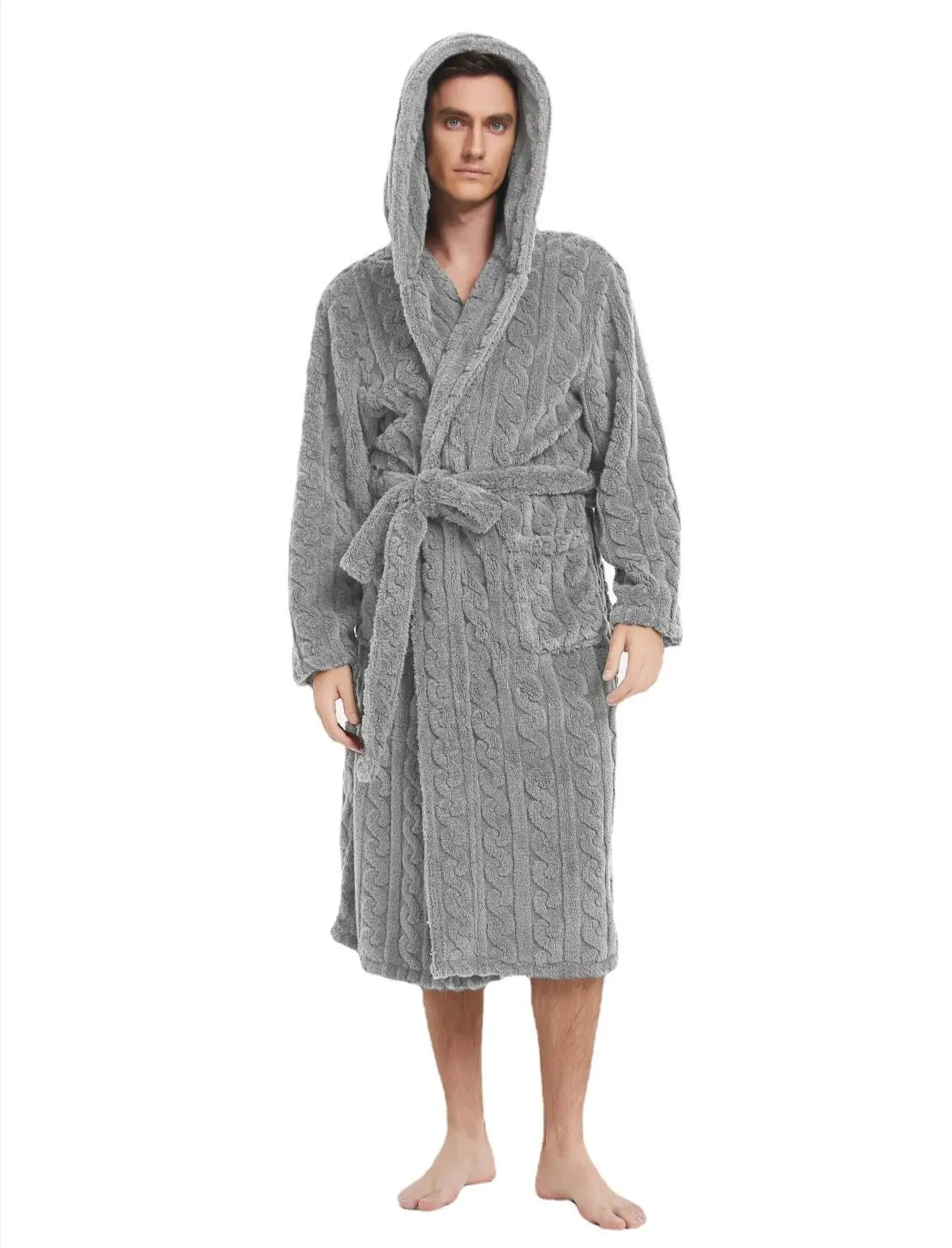 Men's Hooded Robe | Polyester | Thickened | Solid Color