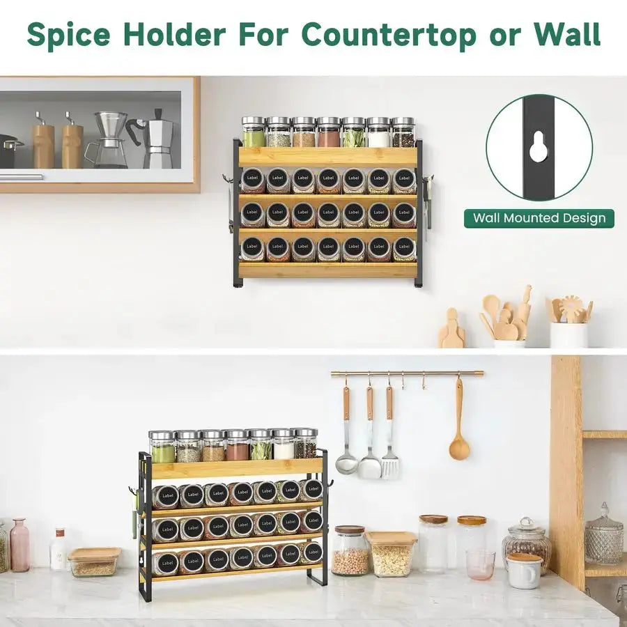 Spice Seasoning Rack Organizer Kitchen Countertop, 4 Tier Bamboo Spice Shelf Holder Storage with 4 Hooks, Wall Mounted Freestand from PriceLows™