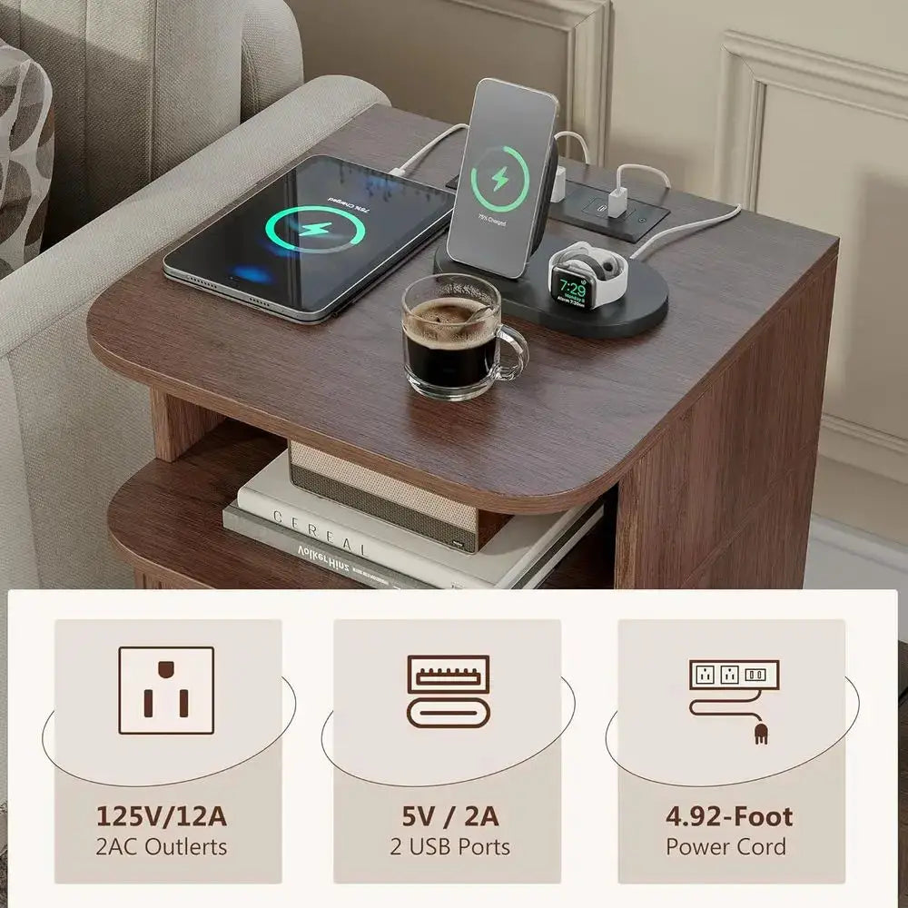 2-Piece Nightstand Set with Charging Station, Modern Walnut End Tables, Curved Edge Wood Side Table from PriceLows™