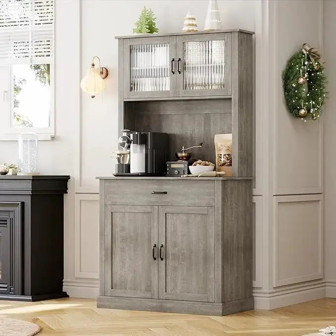 Kitchen Pantry Cabinet, 71 in Tall Kitchen Hutch Storage Cabinet with Microwave Stand, Freestanding Buffet Glass Doors for Dinin from PriceLows™