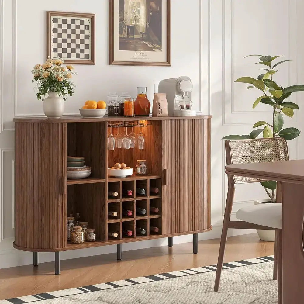55 Walnut Modern Wine & Liquor Cabinet with LED Lighting, Storage, and Charging Station from PriceLows™