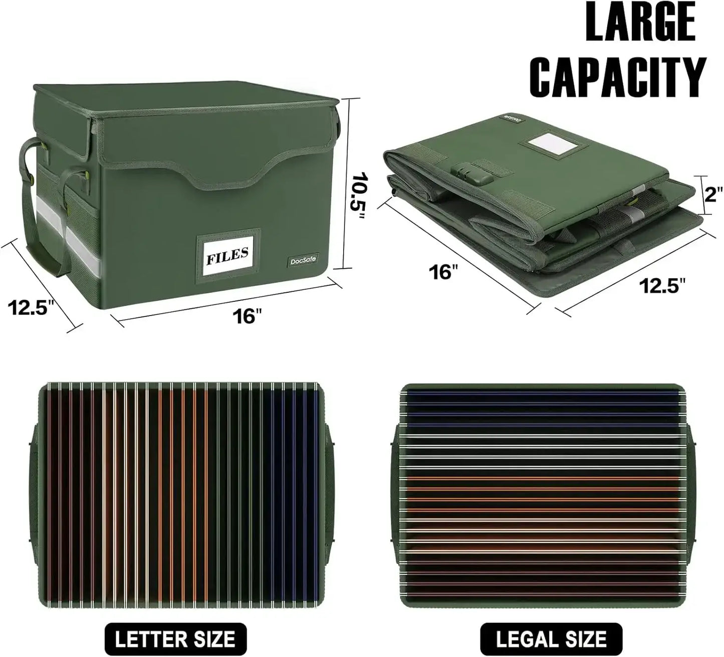 Fireproof Document Box with Lock, Portable File Storage, Collapsible, Holds Letter/Legal, Green, 2-Pack from PriceLows™