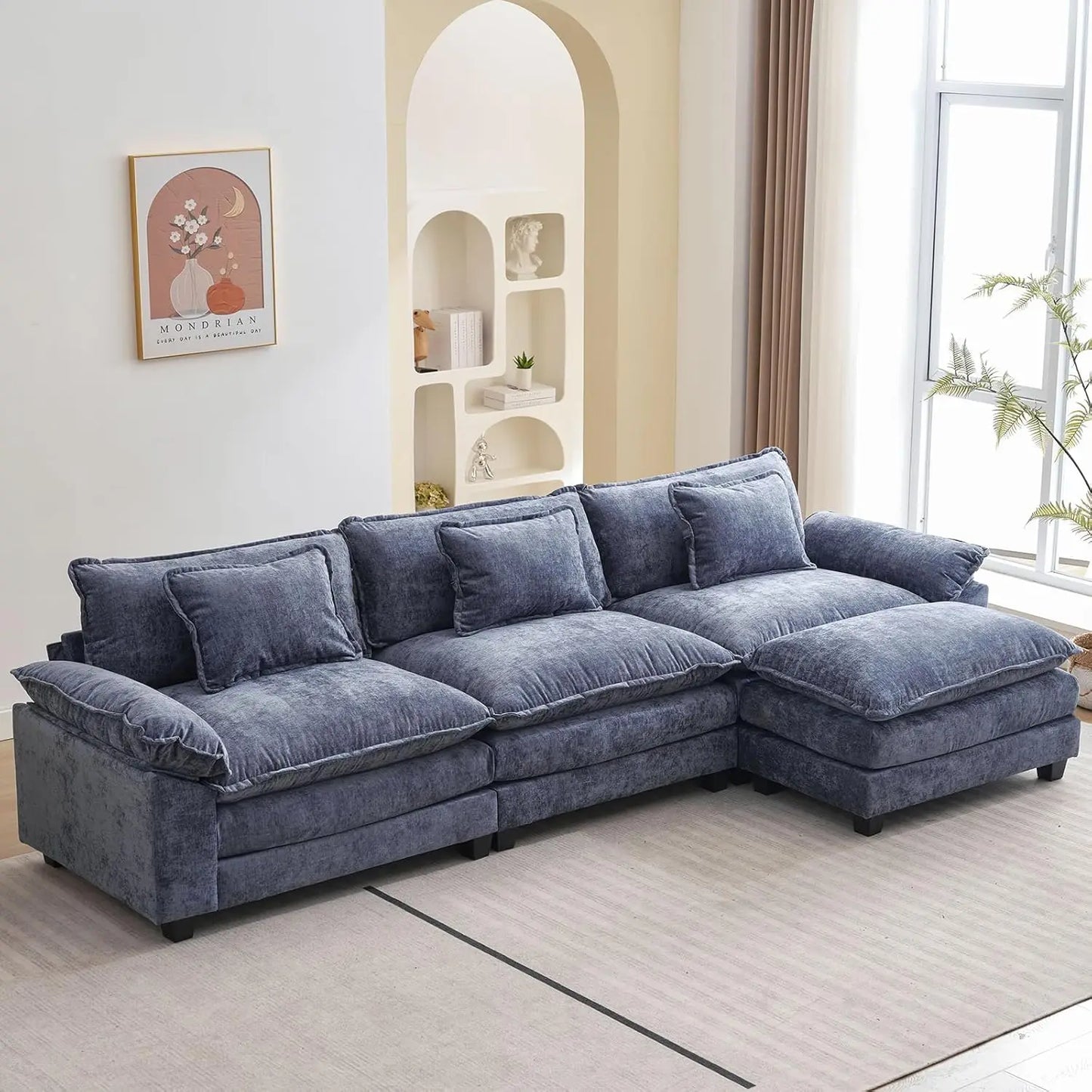 Sectional Sofa | L-Shaped With Ottoman | Chenille Fabric | Seating For Four