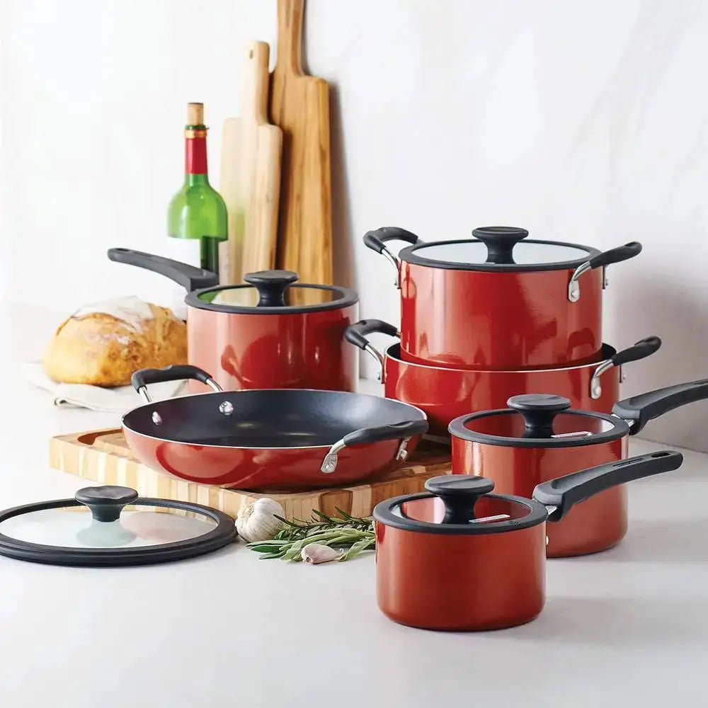 Red 11Pcs Nesting Aluminum Non Stick Pots Pans Set With Lids Dishwasher Oven Safe Kitchen Cookware from PriceLows™