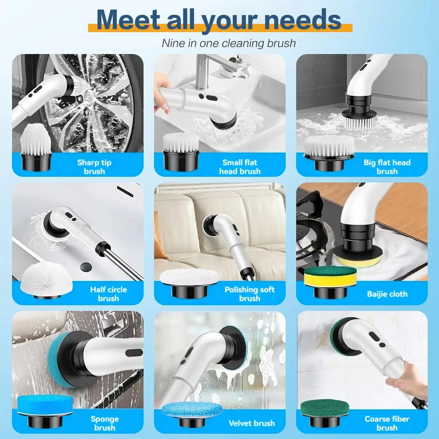 Cordless Spin Scrubber | 9 Brush Heads | Telescoping Handle | Shower Kit