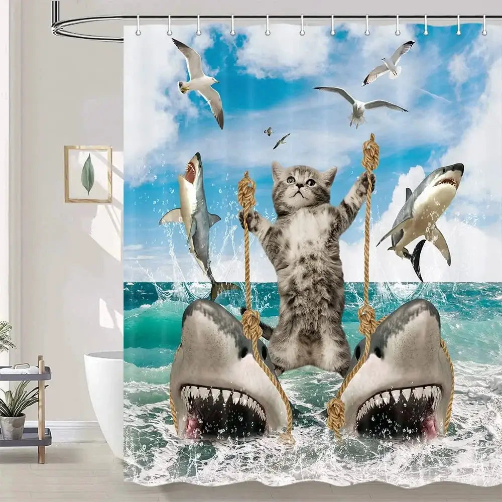 Funny Cat Shower Curtain Cool Cat Riding Shark Seagull On Ocean Sea Blue Waves Kids Creative Design Bathroom Curtain Polyester from PriceLows™