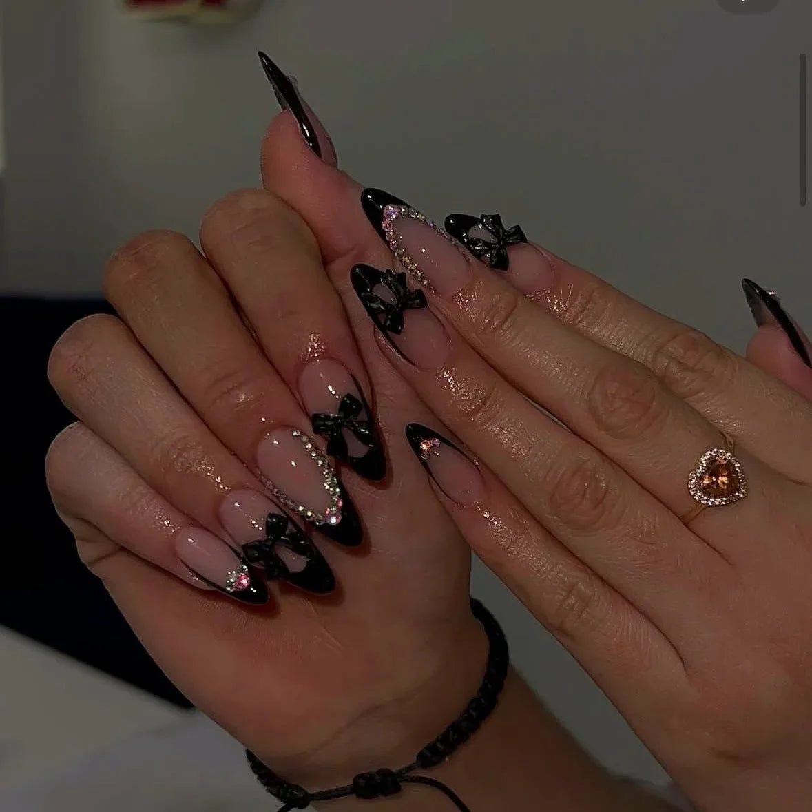 Reusable Press On Nails | Almond Cut | Blush Diamonds Sweetheart Bows | 24 Pcs