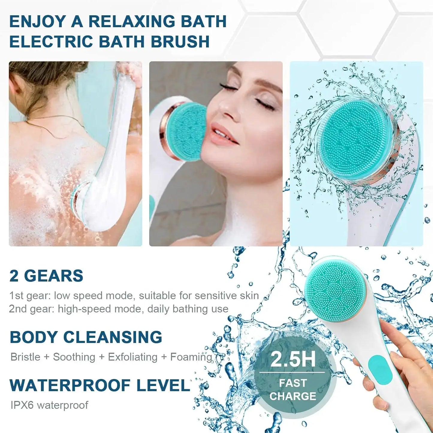 Electric Bath Brush | Long Handle | Waterproof | Replaceable Heads