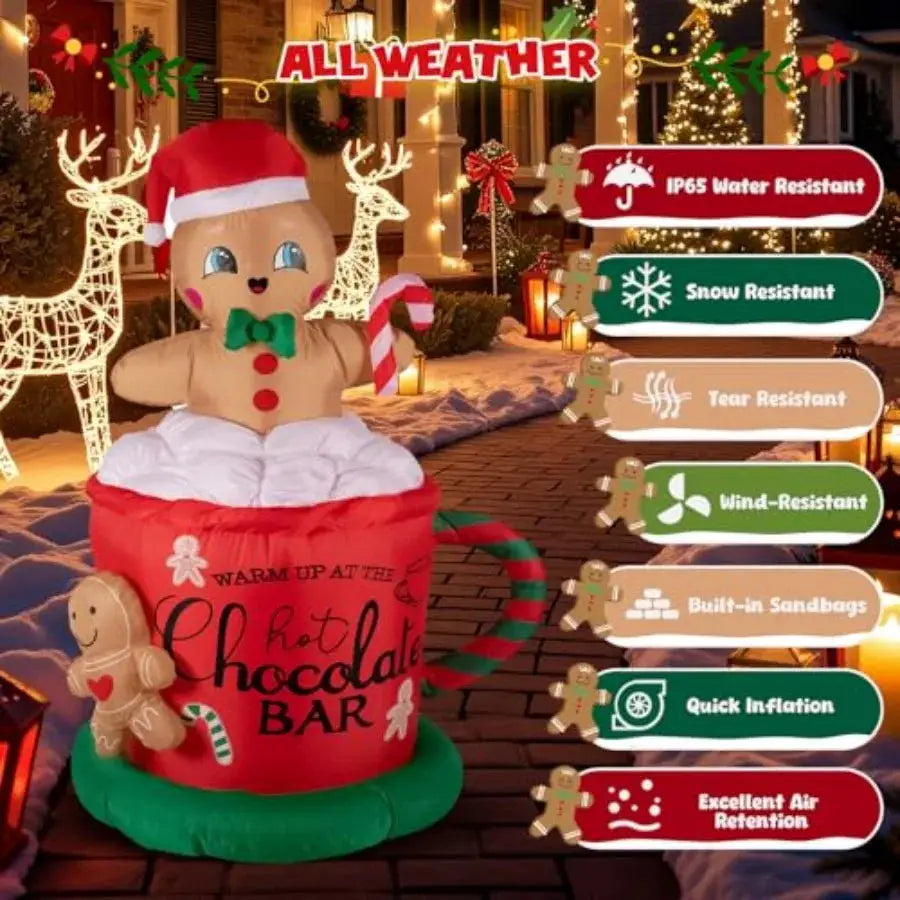Inflatable Gingerbread Man | 6.5 Ft Led Lights | Weatherproof PVC | Red White