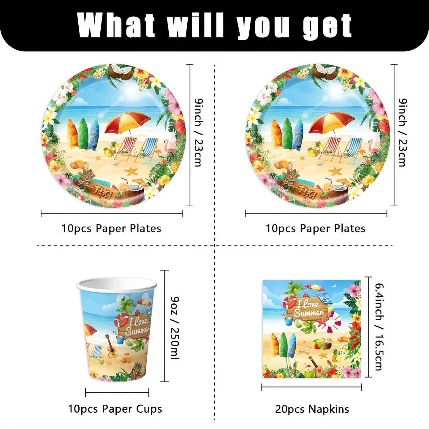 Summer Beach Party Tableware Set | Paper Plates Cups Napkins With Tablecloth