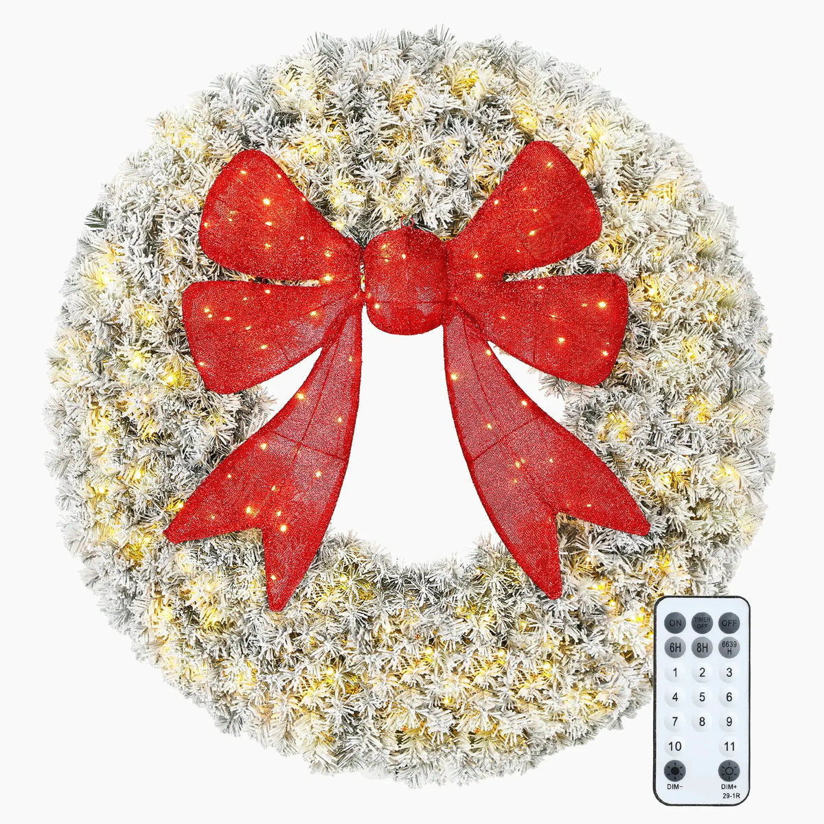 Artificial Christmas Wreath | 48 Inch Flocked | Pre Lit Bulbs | Red Bow Center