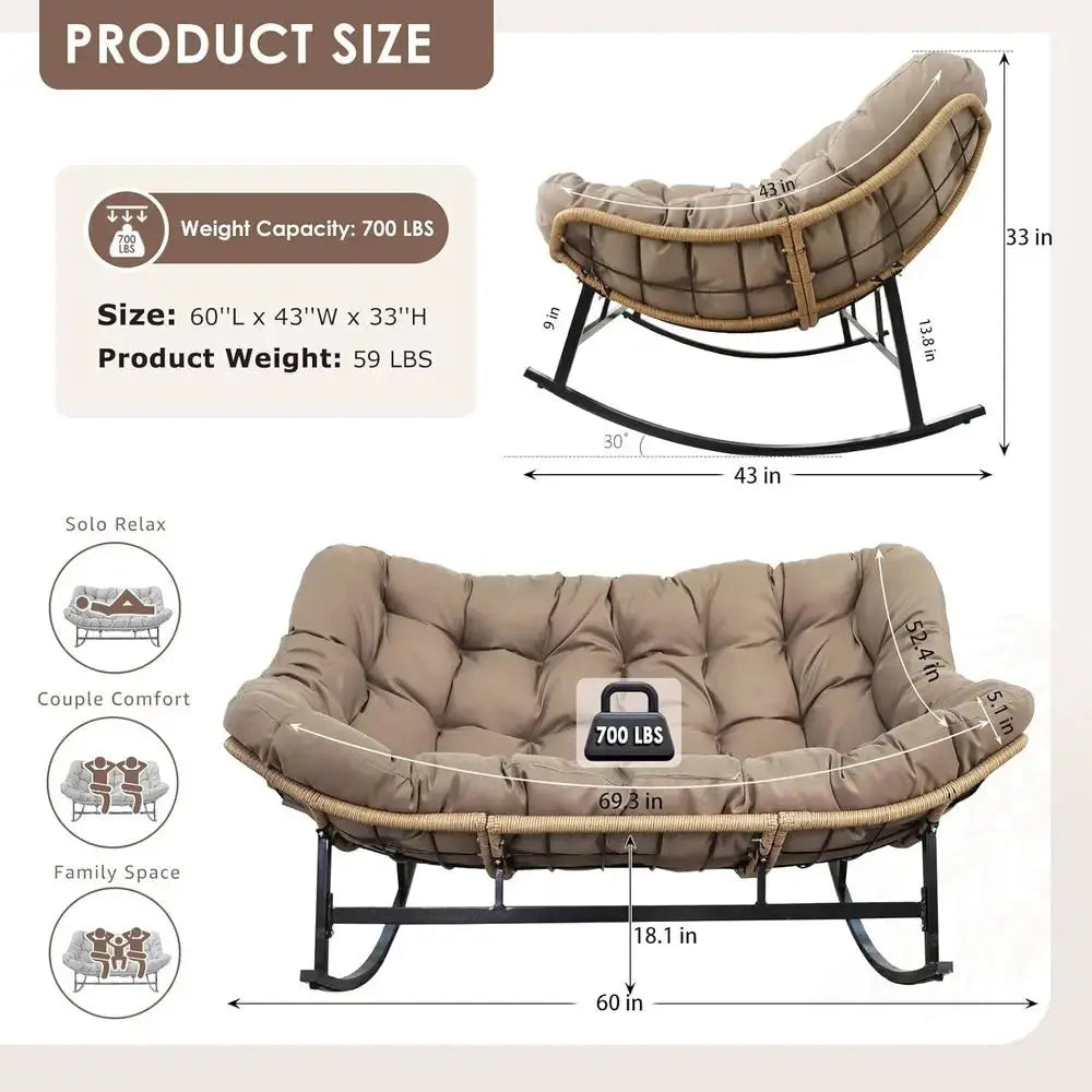 Double Rocking Chairs, Oversized Egg Swing Chairs, 2-Person Wide Loveseat with Cushion, Comfortable Outdoor Furniture for Patio, from PriceLows™