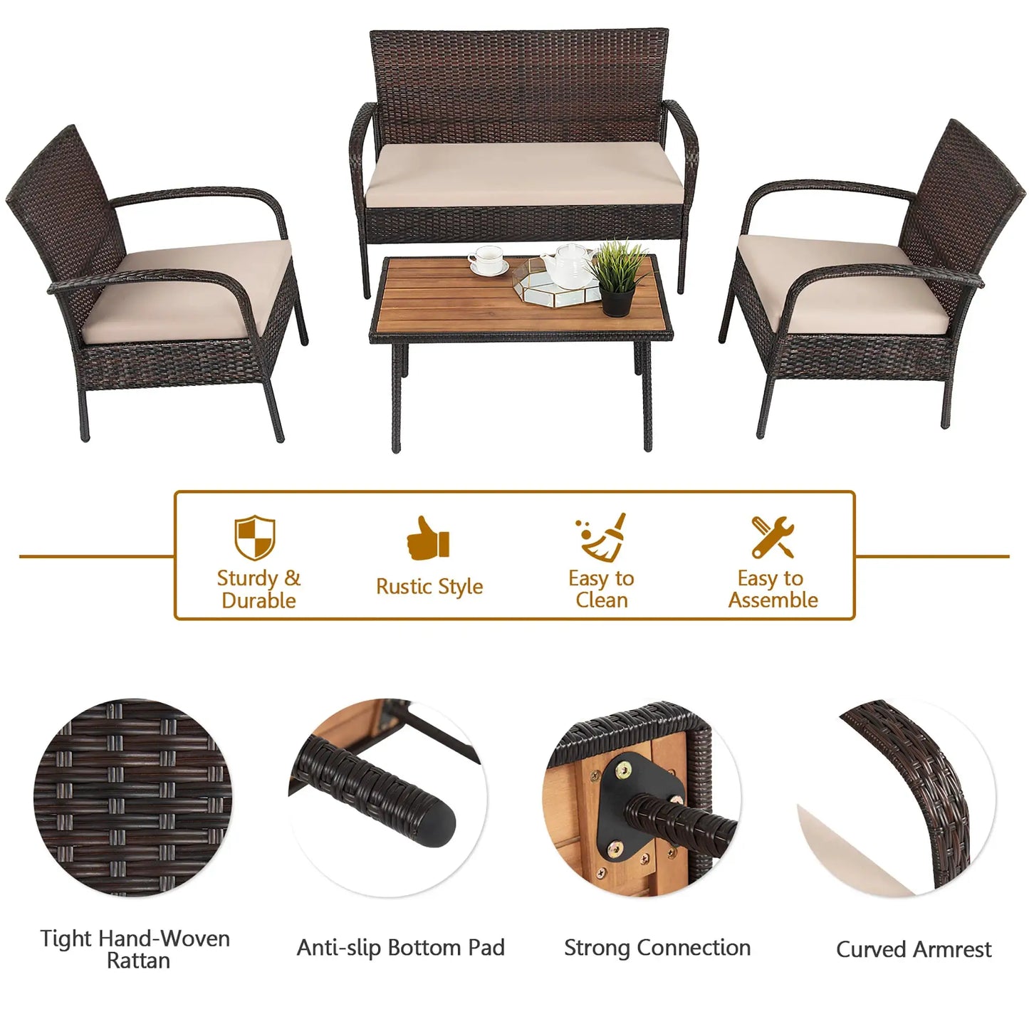 4PCS Patio Rattan Furniture Set Outdoor Conversation Set Coffee Table w/Cushions from PriceLows™