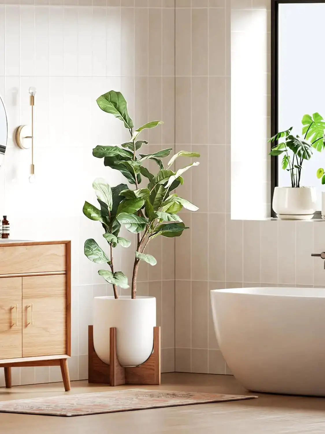 12 Inch Ceramic Plant Pot with Acacia Wood Stand, White Cylinder Planter with Drainage Hole, Indoor Planters for Living Room Office from PriceLows™