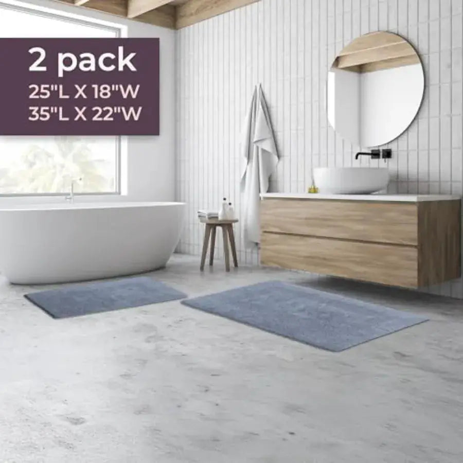 Cotton Bath Mat Set- 2 Piece 100 Percent Cotton Mats- Reversible Soft Absorbent and Machine Washable Bathroom Rugs By Silver from PriceLows™