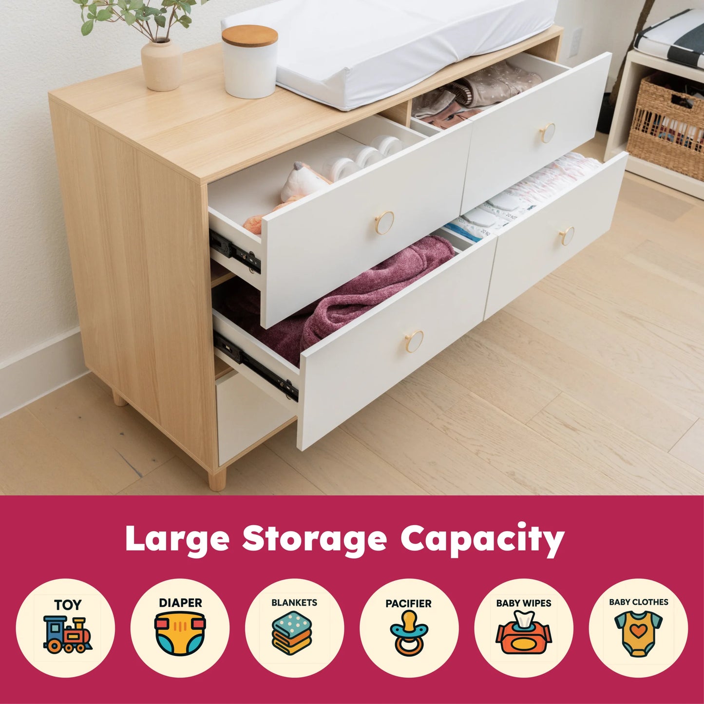 Baby Dresser | 6 Drawers | Solid Wood Legs | White Finish