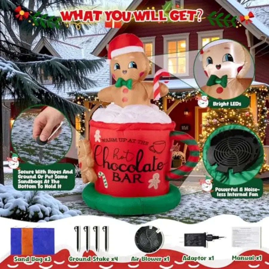 Inflatable Gingerbread Man | 6.5 Ft Led Lights | Weatherproof PVC | Red White