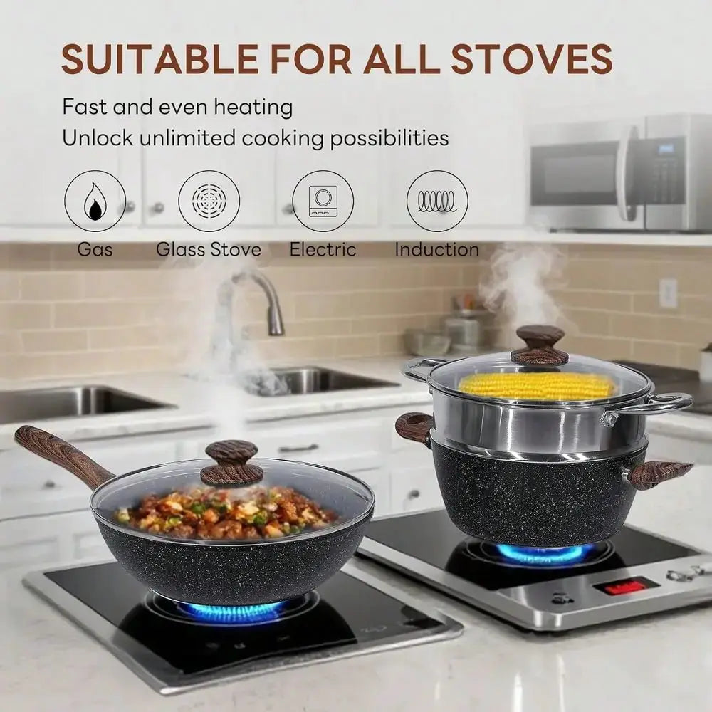 17 Pcs Pots And Pans, Kitchen Cooking Set With Stay-Cool Handles,Kitchen Induction Cookware Suit With Detachable Handle, Black from PriceLows™