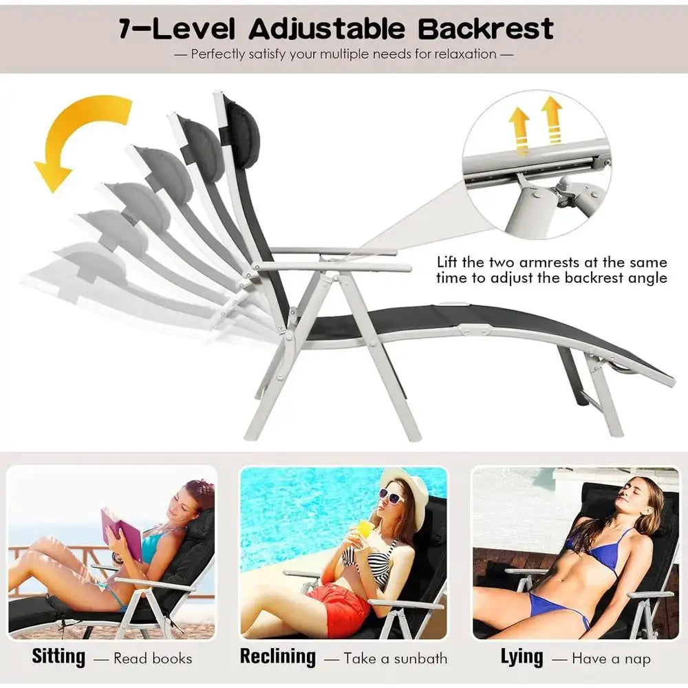 Portable Outdoor Reclining Chaise Lounge Chair with Pillow, 7 Positions, Ideal for Patio, Yard, Poolside - Black from PriceLows™