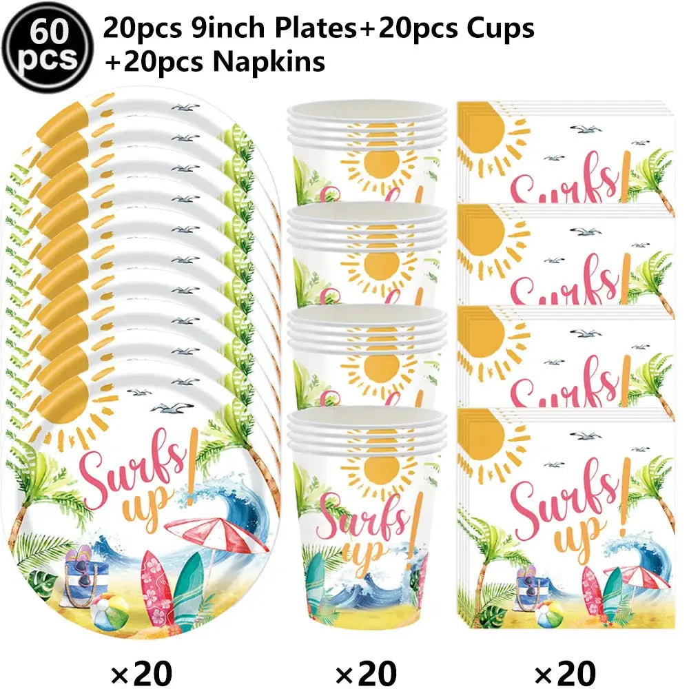 Surf Beach Party Tableware | Paper Plates Napkins Cups | Tattoos And Snack Tray