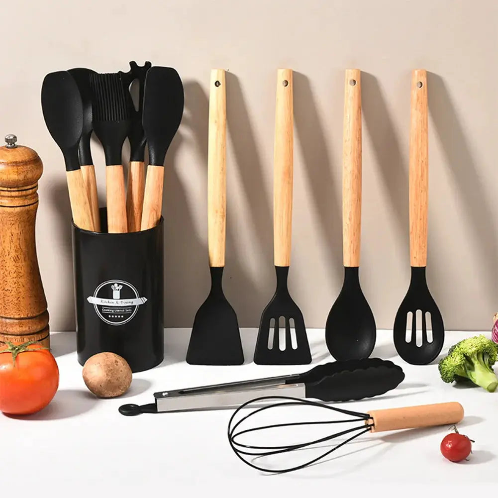 12PCS Silicone Kitchenware Non-Stick Cookware Kitchen Utensils Set Spatula Shovel Spoon Brush Whisk Wooden Handle Cooking Tool from PriceLows™