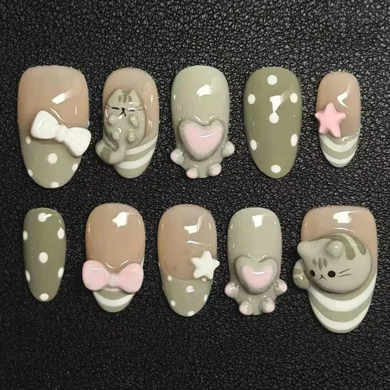 Press On Nails | Almond Shape | Green Lotus Frog Design | 24 Piece Kit