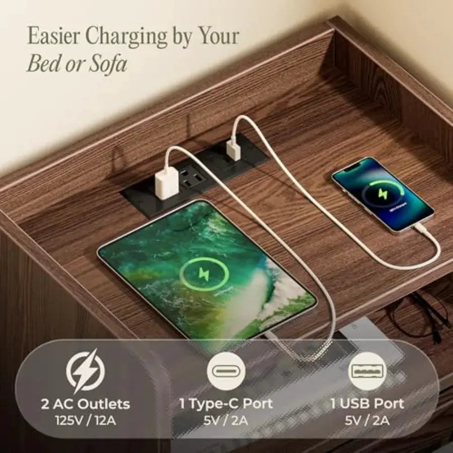 Nightstand with Charging Station, USB-C Port, Fluted Night Stand Set of 2, Bed Side Table with Drawer, Solid Wood Feet, Open St from PriceLows™