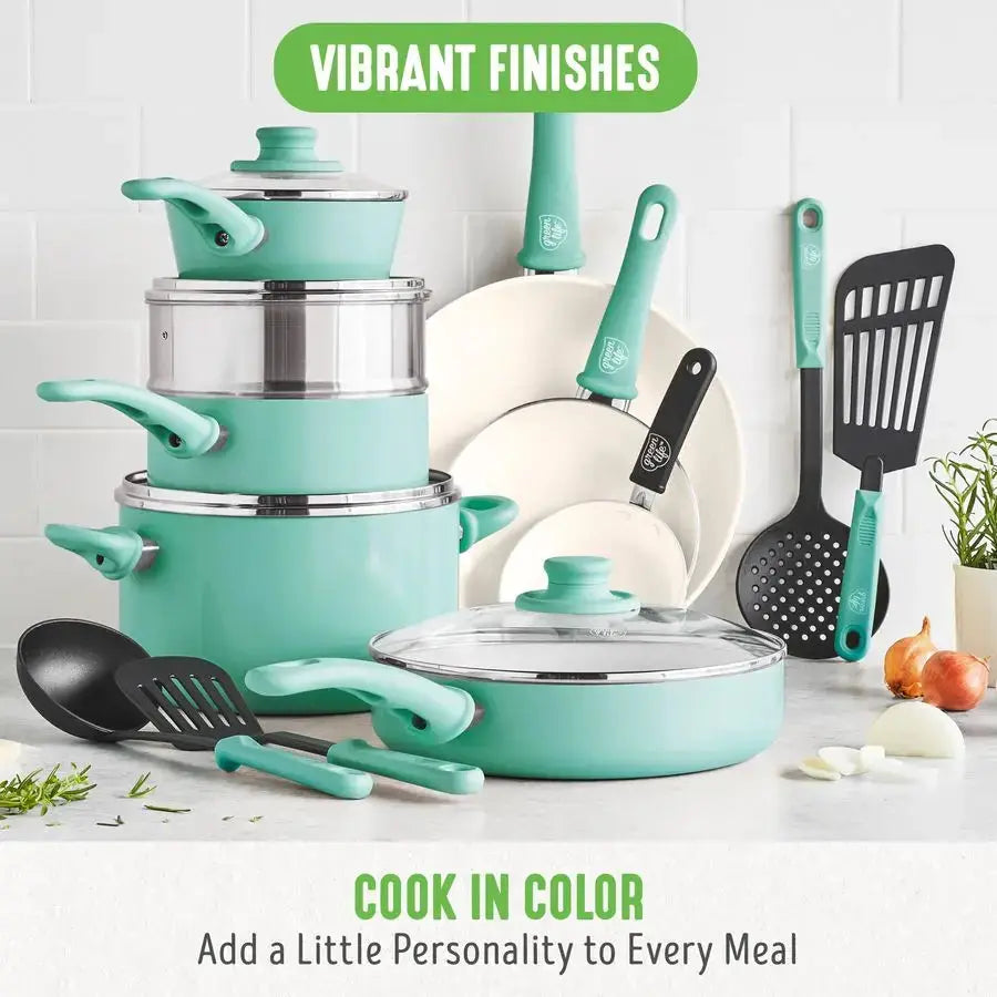 Soft Grip Healthy Ceramic Nonstick, 15 Piece Cookware Pots and Pans Set, Induction, PFASFree, Dishwasher Safe, Turquoise from PriceLows™