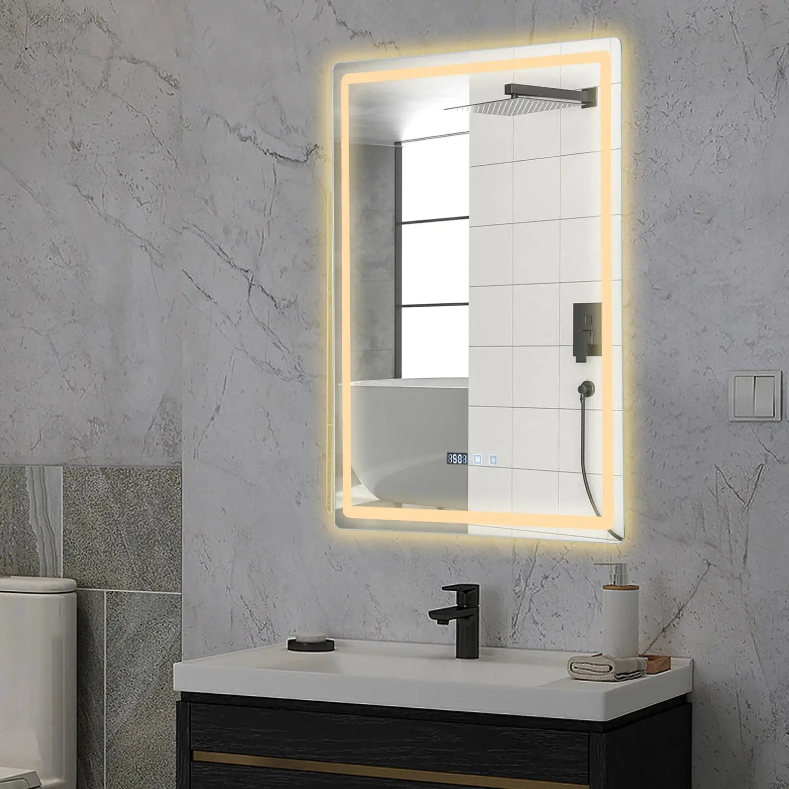 LED Bathroom Wall Mirror, Smart Anti-Fog Mirror with Touch Control, 3-Color Lighting, Digital Clock & Temp Display, 600x800mm from PriceLows™