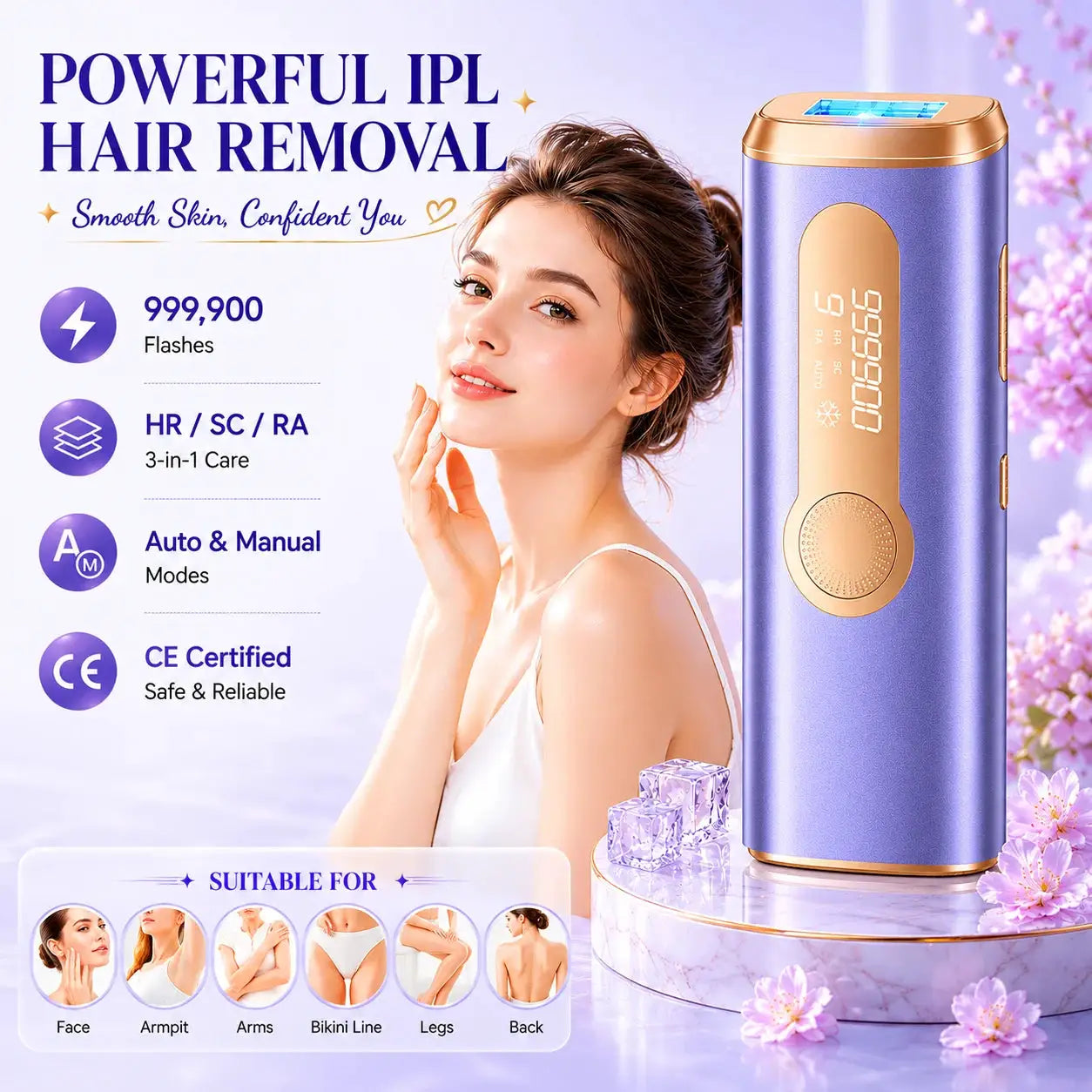 Ipl Hair Removal Device | 90 Minute Battery | Ice Cooling Nozzle | Face And Body