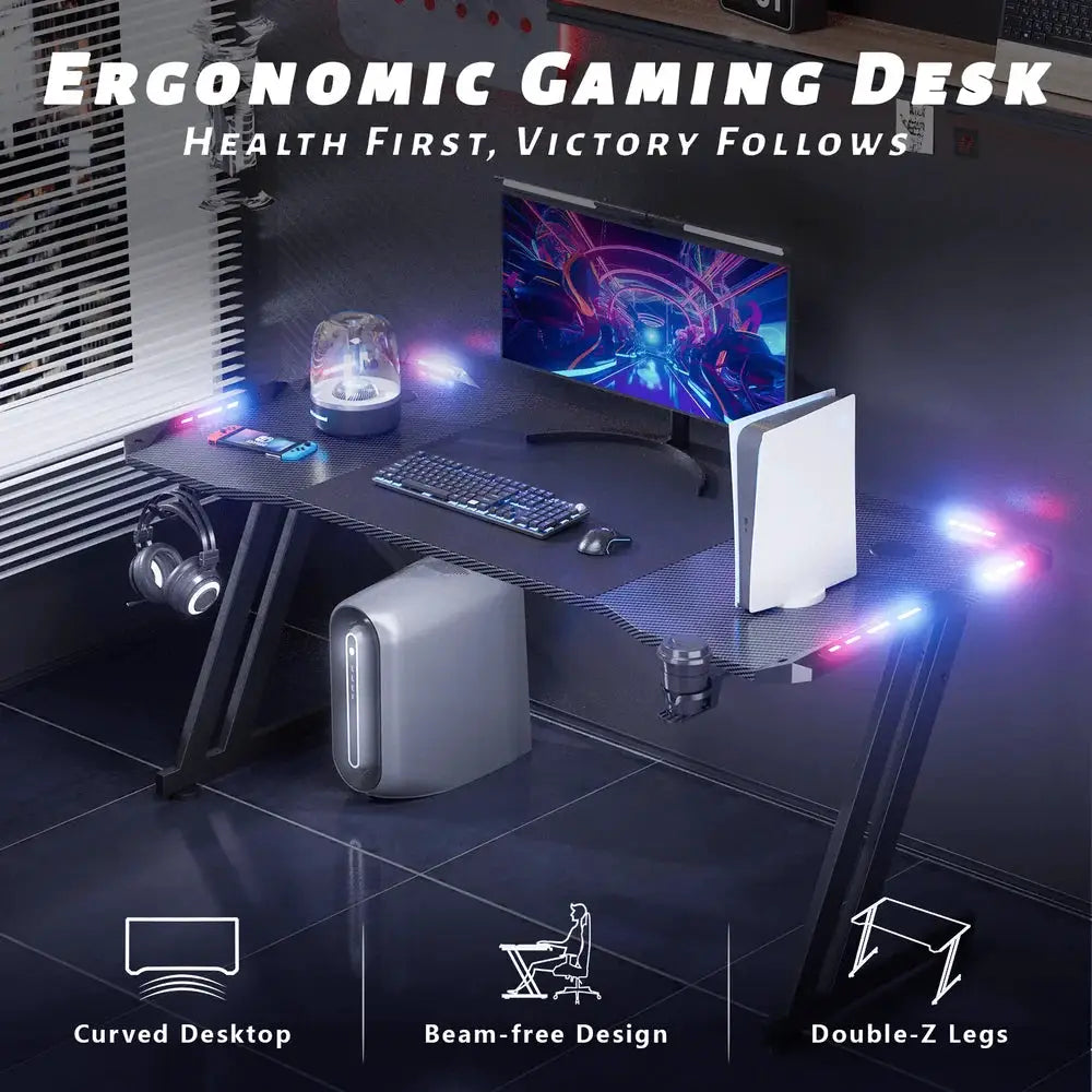 Gaming Desk With LED Lights Carbon Fibre Surface Gaming Table Large Computer Desk Ergonomic Home Office Desks Z Shaped PC Gamer from PriceLows™