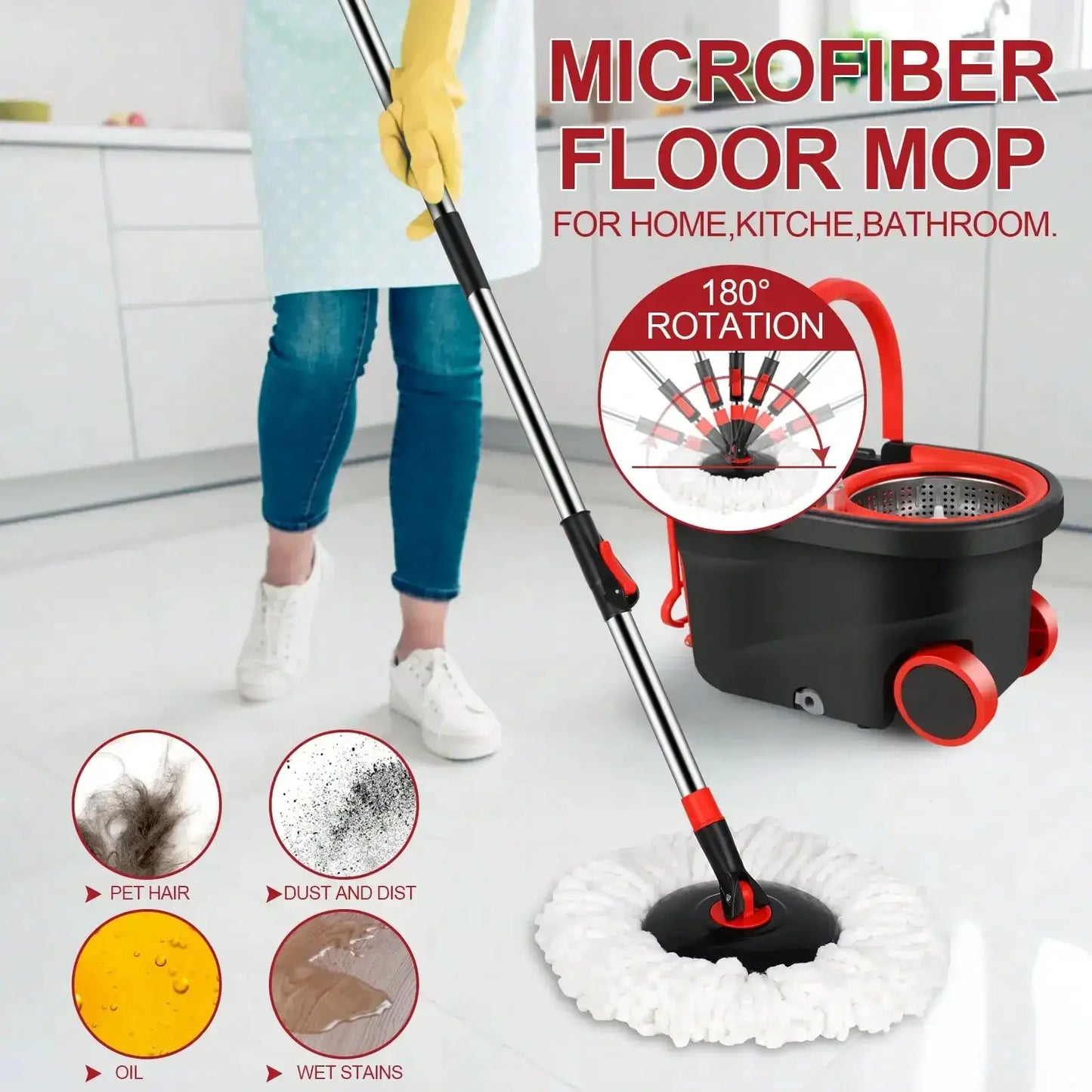 Heavy Duty Rolling Spin Mop Bucket Set with Wringer, 3 Microfiber Mop Heads, Adjustable Handle for Home Floor Cleaning” from PriceLows™