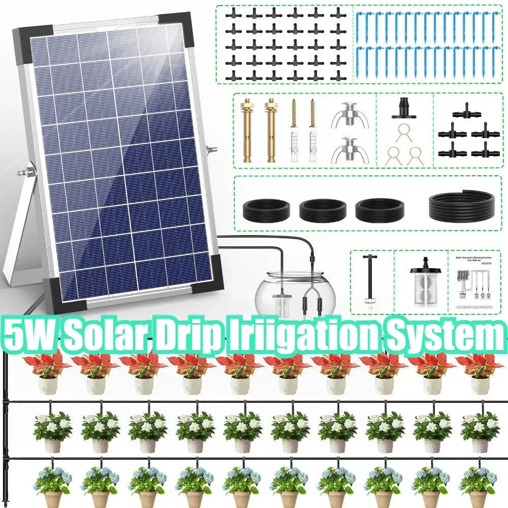 Solar Potted Plants Deep Drip Irrigation Watering System 9V 5W, Watering Regularly Easy DIY, with 30*Drip Tip 15m Water Pipe Etc from PriceLows™