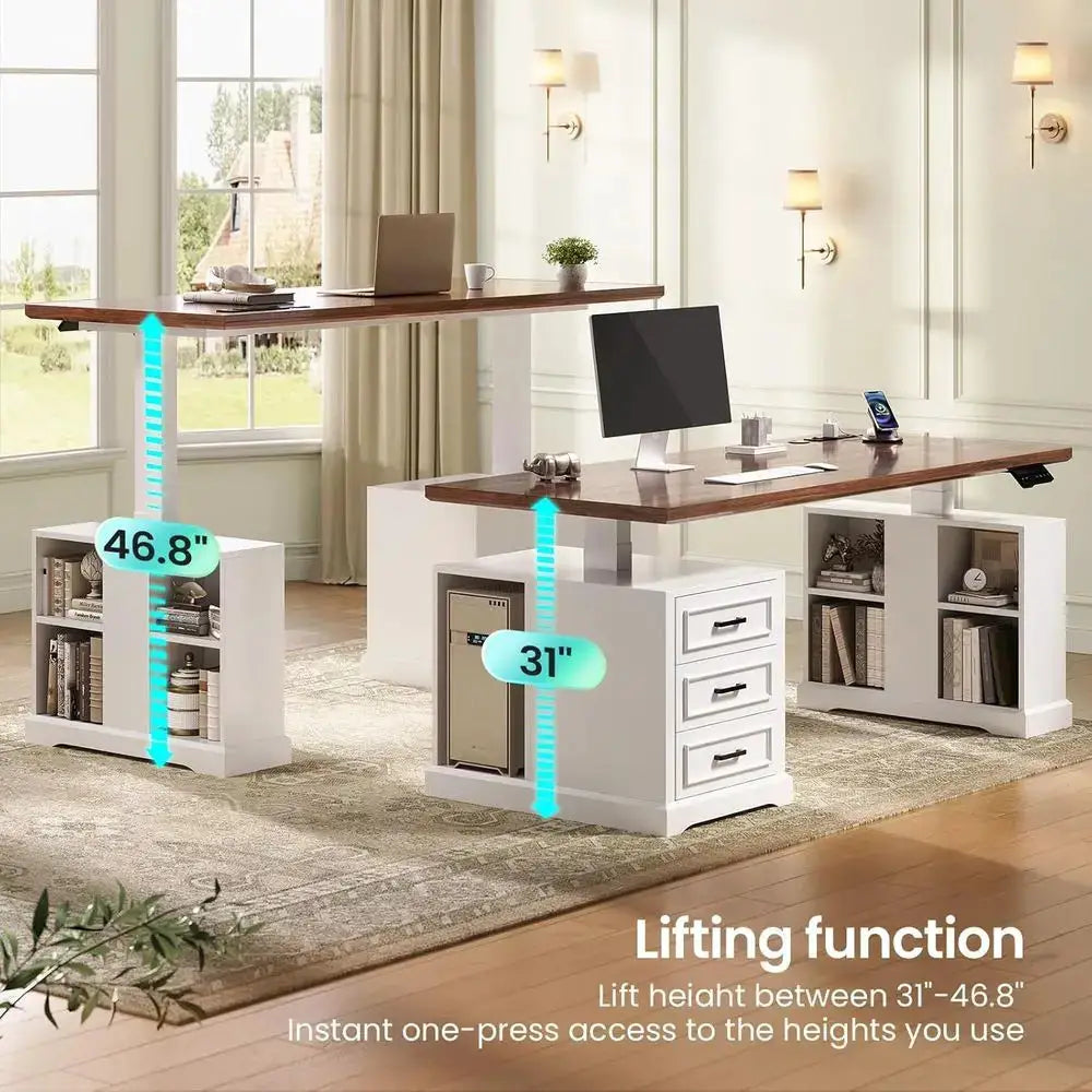 63 Adjustable Electric Standing Desk with 3 Drawers, Shelves, Power Outlets, White Wooden Office Desk for Home Use from PriceLows™