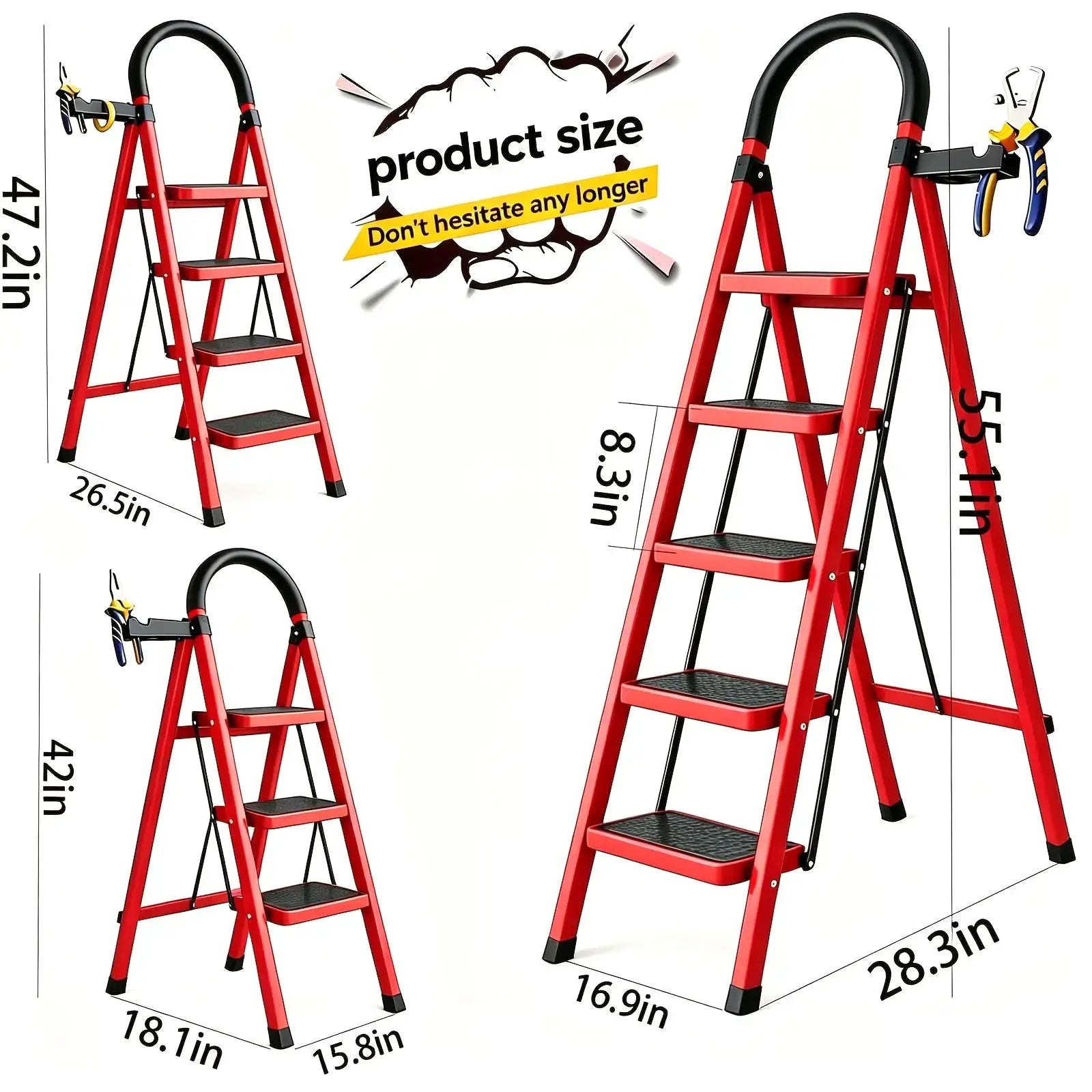 330lbs Load-bearing Folding Ladder | Heavy-duty Steel Step Stool with Anti-slip Wide Treads, Handrails, Safety Lock Design, Black And Red Color Scheme, Portable Multi-functional Ladder for Home And Kitchen Use-CVNU from PriceLows™