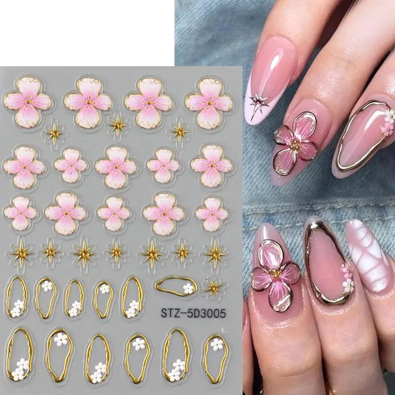 5D Floral Embossed Nail Stickers Bronzing Hibiscus Flower Petals Star Frame Elegant Nail Art Decals for Spring Summer Decor from PriceLows™