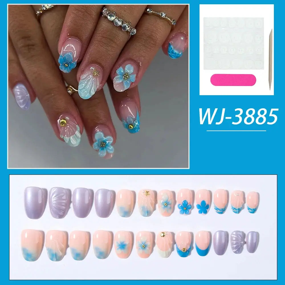 Press On Nails | Almond Shape | Whale Print Blue French Tip | 24 Piece Set