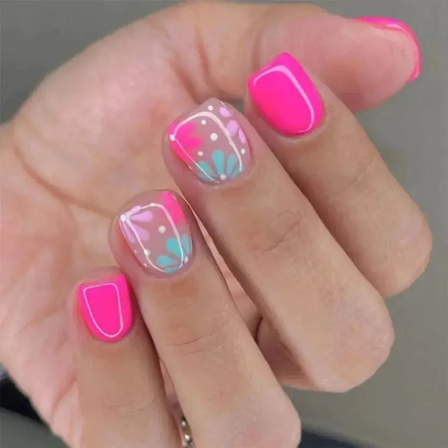 Short Almond Press On Nails | Pink Floral French | Reusable Full Cover | 24 Pcs