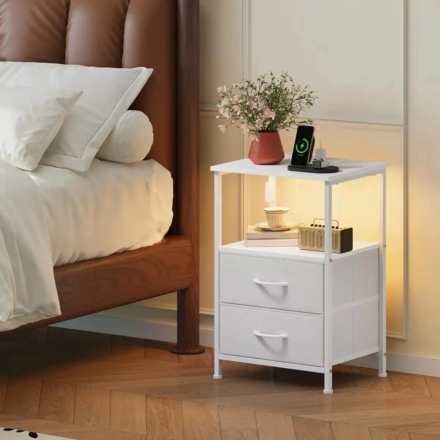 Set of 2 Nightstands with Charging Station, LED Lights, and Fabric Drawers for Bedroom in White Leather from PriceLows™