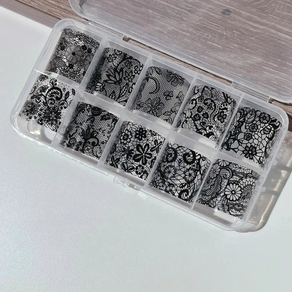 10rolls Mixed Black&White Lace Nail Transfer Foils Sticker Set Sexy Lace Flower Pattern Nail Stickers For women Manicure Decor#% from PriceLows™