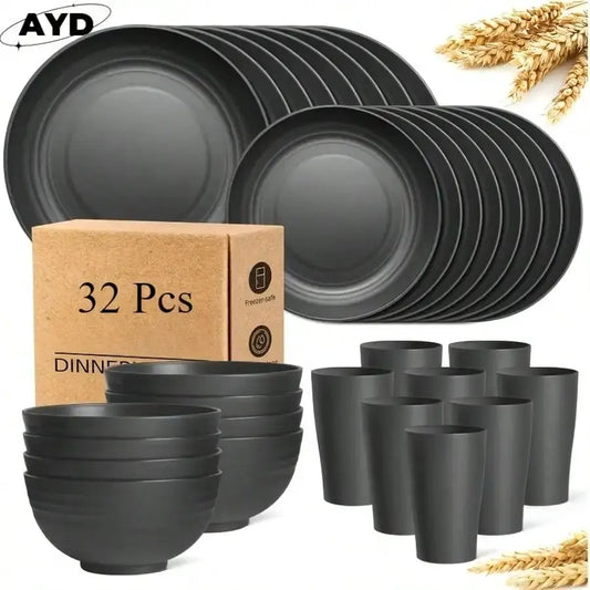 Wheat Straw Dinnerware Set | 32 Piece | Black Color | Serves 8