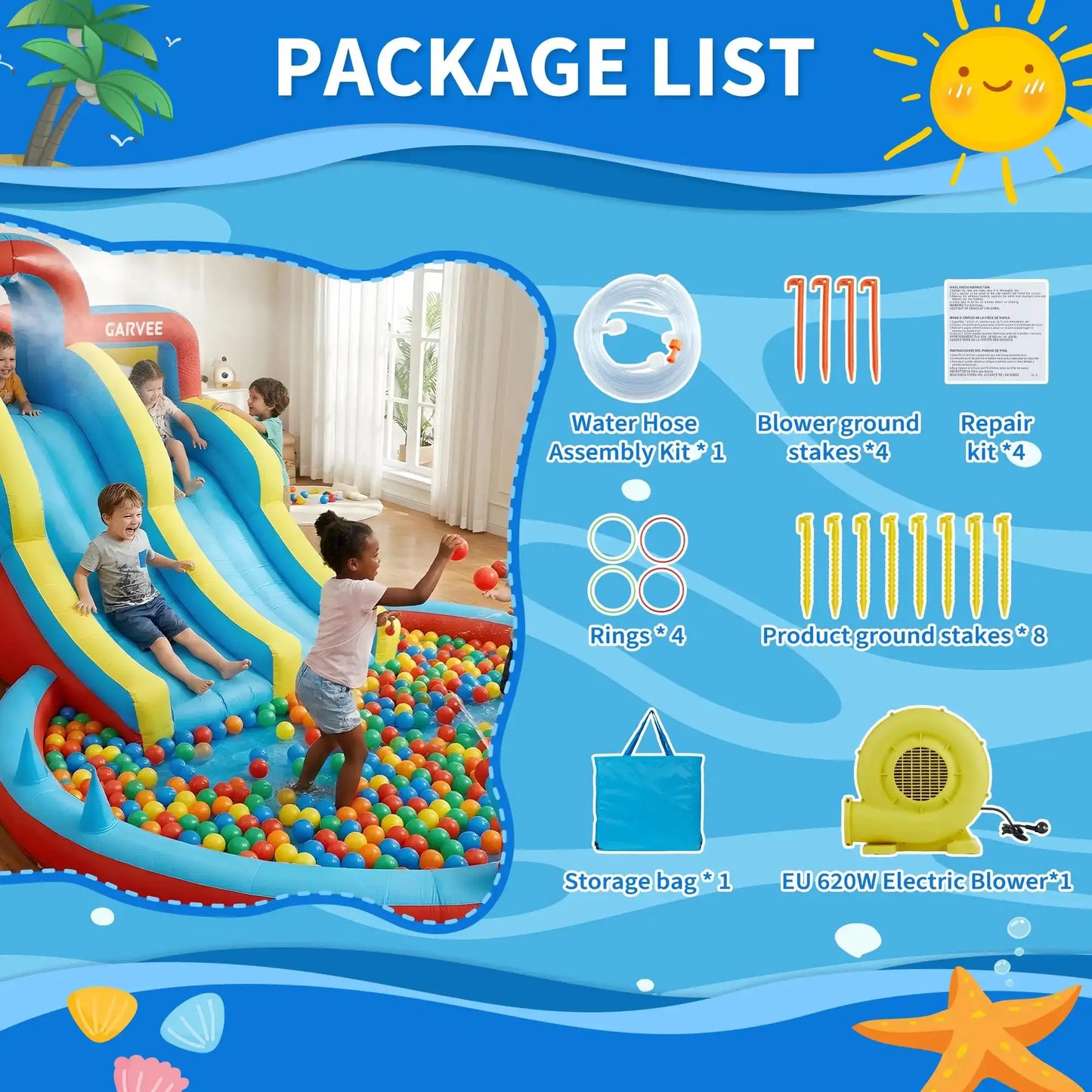 8-in-1 Inflatable Water Park Kids Bounce House With Double Slides & Pool, 550W Blower, Oxford, Indoor Outdoor Set from PriceLows™