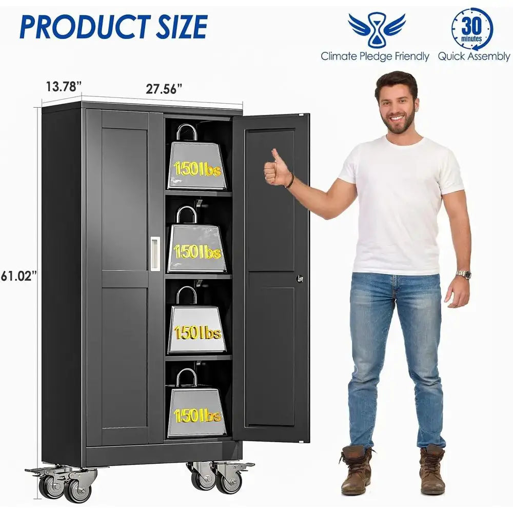 Metal Garage Storage Cabinet with Lock, 61” Tall Lockable ile Cabinet with Wheels, Steel Tool Cabinet with 2 Door and 3 Adjustab from PriceLows™