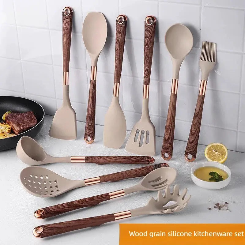 Silicone Wood Grain Kitchenware 11-piece Set Non-stick Pan, Spoon Set, Anti-scalding Wood Grain Handle Cooking Utensils from PriceLows™