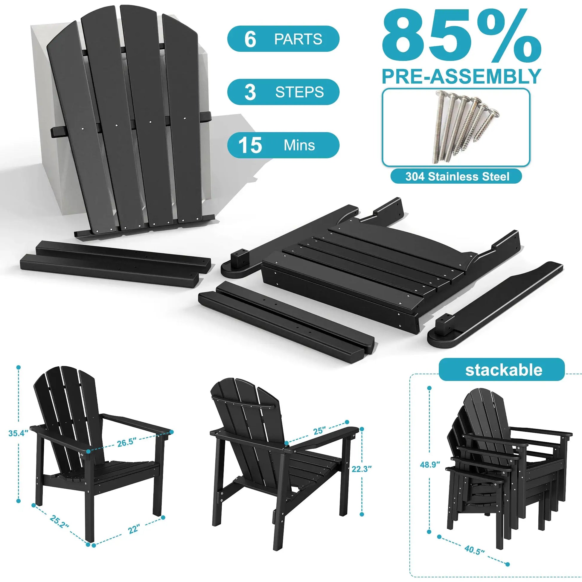 FOOWIN 4pcs Stackable Adirondack Chair All Weather HDPE Plastic Outdoor Patio Garden Fire Pit Lawn Heavy Duty Black from PriceLows™