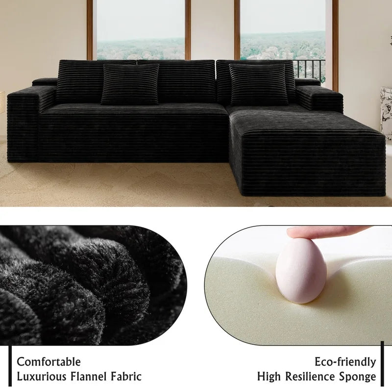 Modular Sectional Sofa | Plush Corduroy Fabric | Black | 2-Piece Configuration